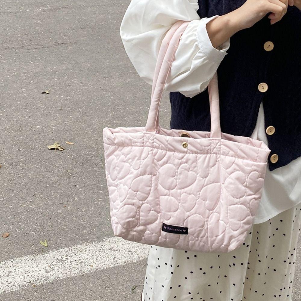 Large Capacity Heart Printed Shoulder Bag Solid Color Nylon Handbag Cute Down Bag  Autumn Winter