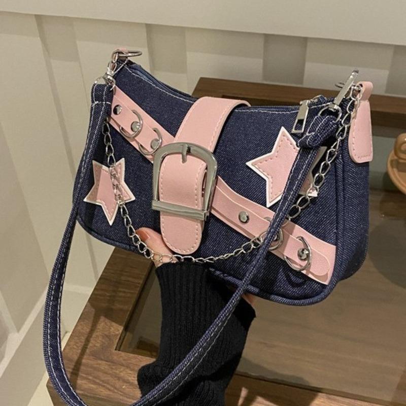 New Korean version underarm bag women's spring foreign style contrasting color shoulder bag casual personalized chain denim women's bag