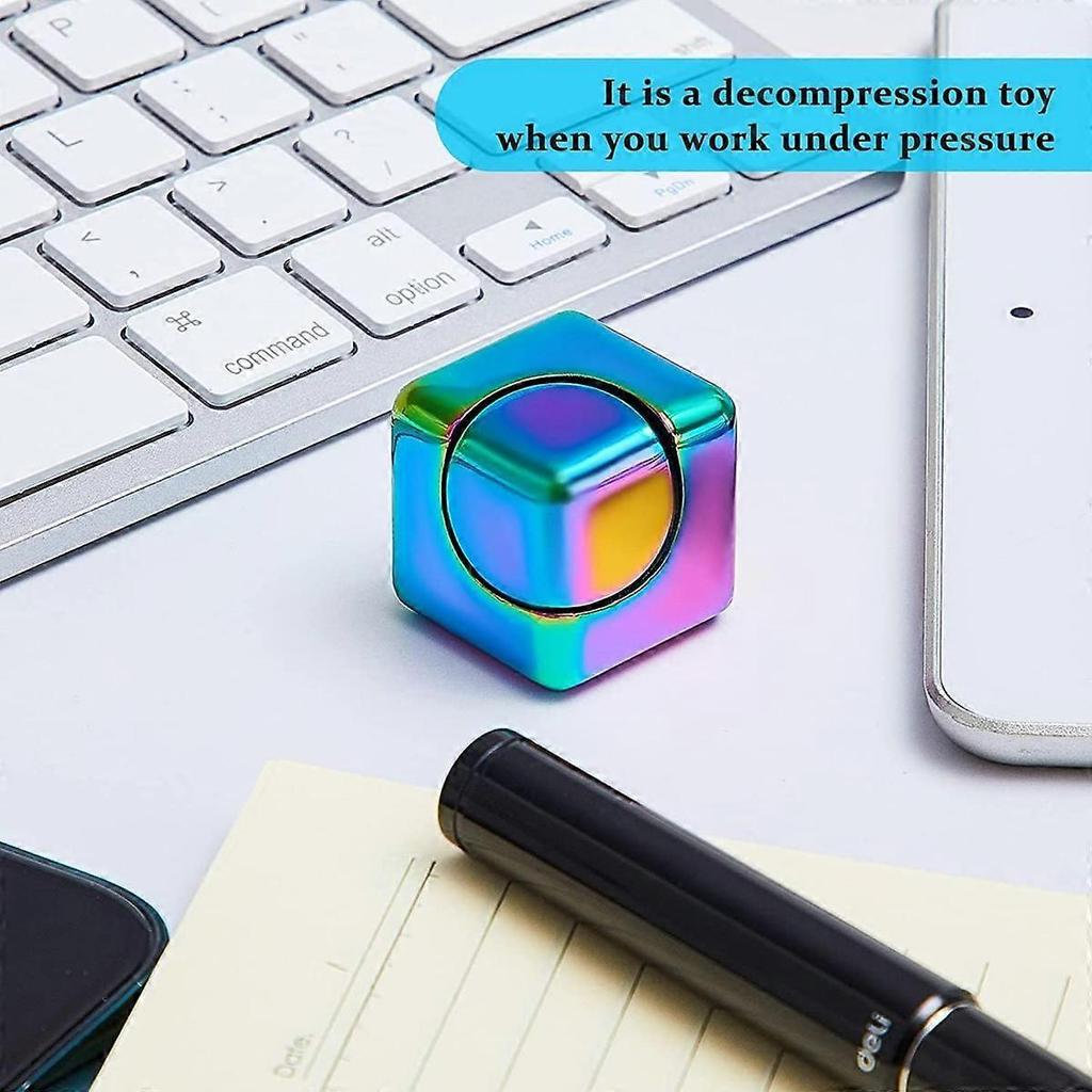 2 Pieces Fidget Cube Spinner Anti-Anxiety Focusing Fidget Toys 4-in-1 Spinning Toy Neon Rainbow Metallic Focusing Fidget Toys Cube Finger Top for Adul