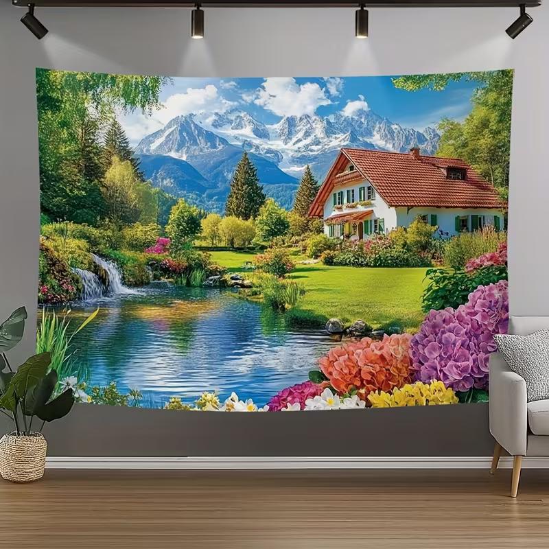2D Swiss Chalet Scenery Tapestry for Cottagecore Aesthetic Home Decoration