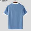 INCERUN Men Lapel Square Collar Short Sleeve Stitching Color Casual Fitted T-shirts