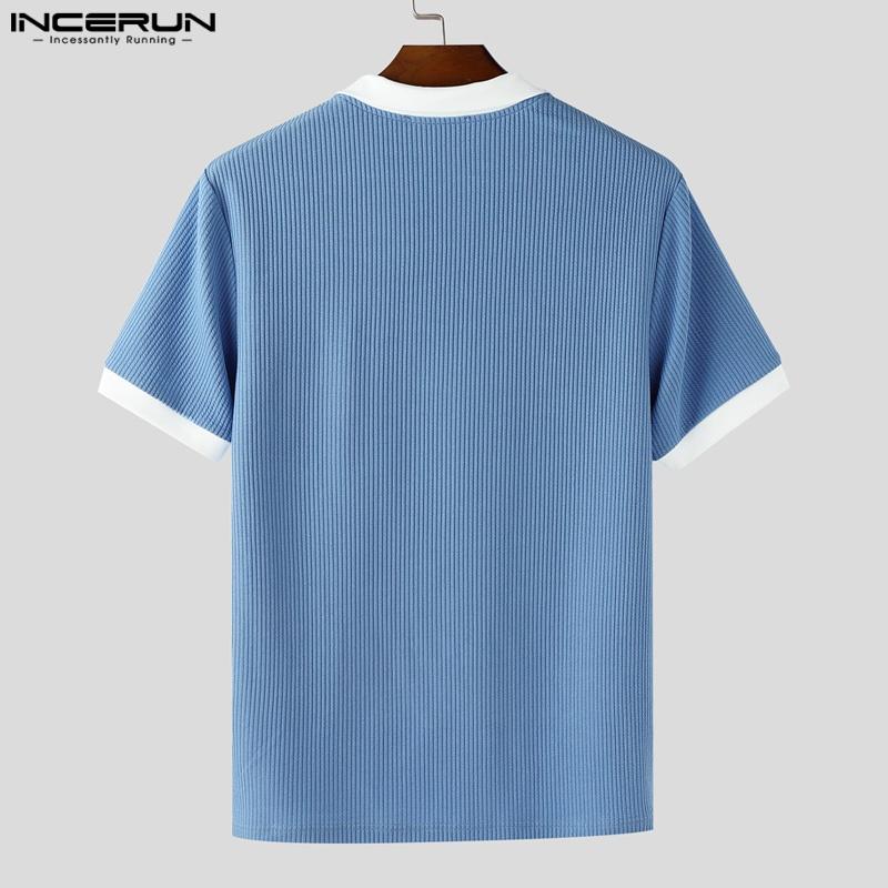 INCERUN Men Lapel Square Collar Short Sleeve Stitching Color Casual Fitted T-shirts