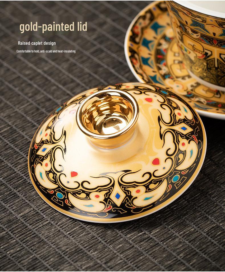 Rotating Sancai Gaiwan: Enamel Color Mutton Fat Jade Porcelain Tea Bowl with Lid for Kung Fu Tea Brewing.