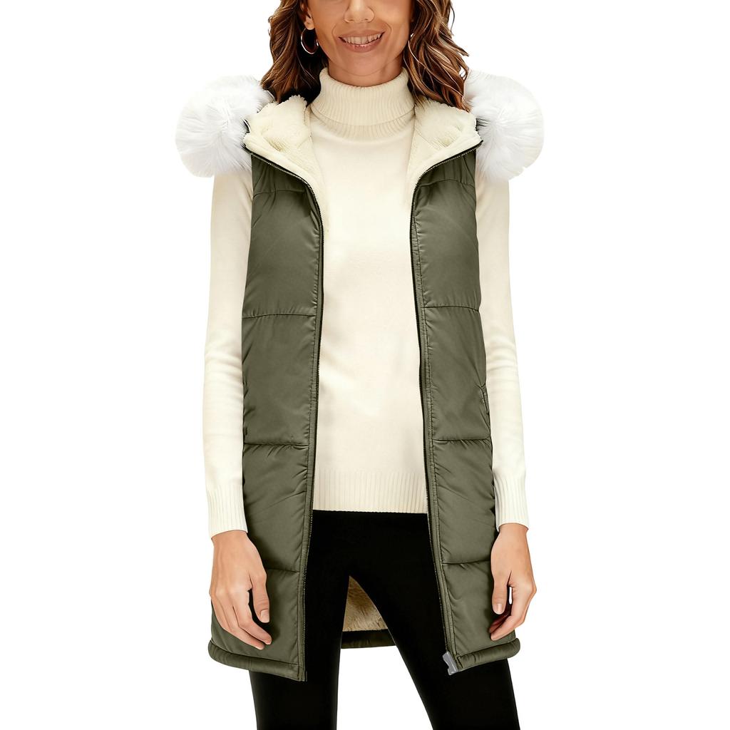 Women's Long Vest Plain Sleeveless Hood Winter Vest Outwear Jacket Lightweight Warm Coat Outerwear