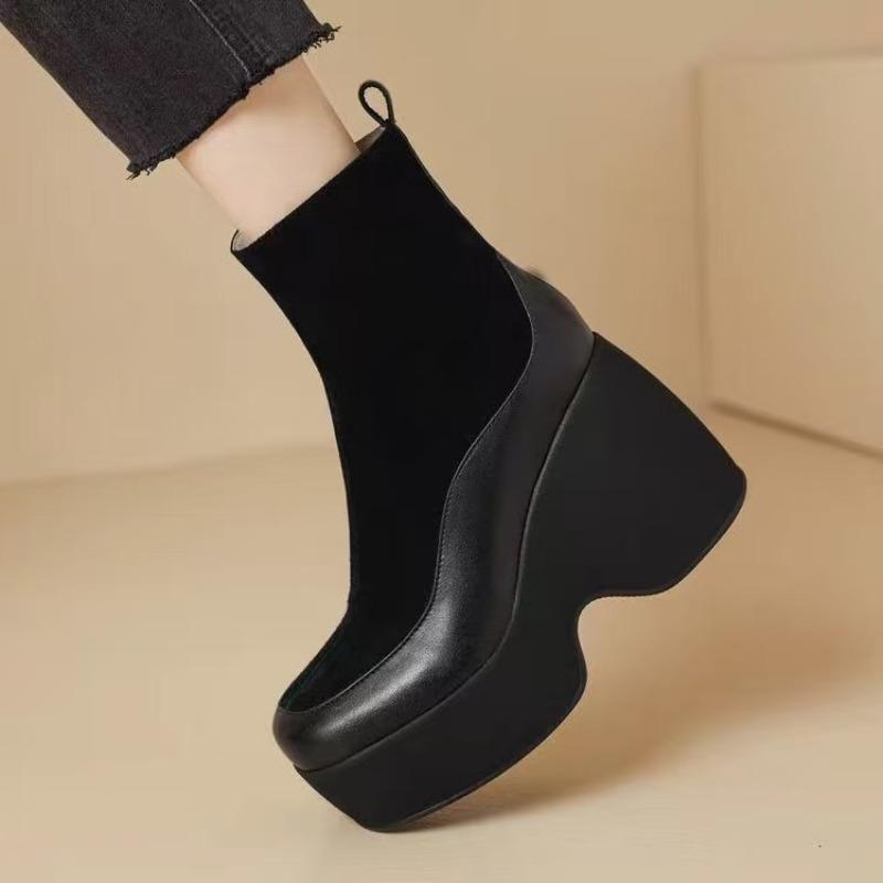 Fashion Winter New Thick Heel Cotton Boots Women Fashion Round Head Stitching Suede Side Zipper Thick Sole Non-slip Short Boots