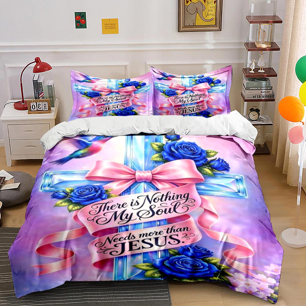 Christian Bedding Set with Cross & Roses Bedding set (1 duvet cover, 2 pillowcases, duvet not included) 135x200cm