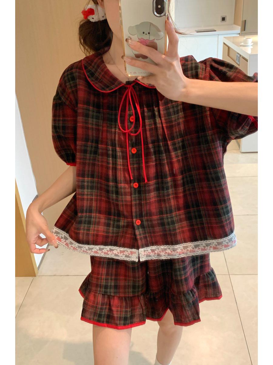 

Red Plaid Peter Pan Collar Short Sleeve Pajamas - Cotton Linen Homewear One Size