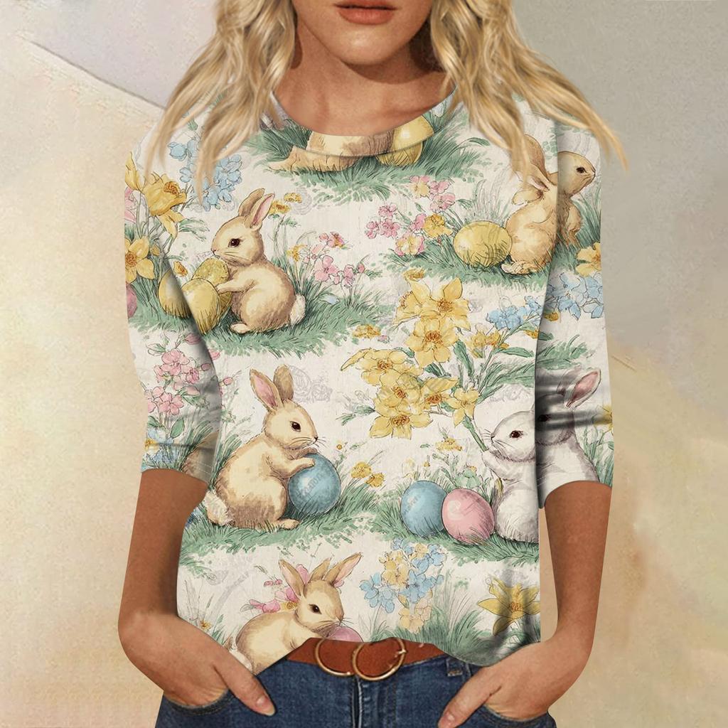 Women's Fashionable Casual Three-quarter Sleeve Easter Print Round Neck Pullover Top