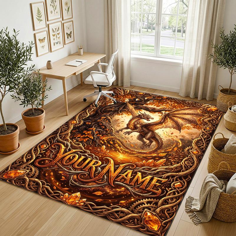 Dragon Phoenix Theme Crystal Velvet Rug Personalized Custom Name Text Soft Floor Mat Home Decor
