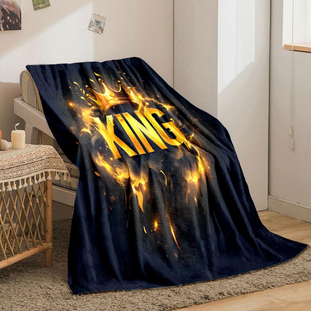Golden "King" with Crown and Flames print blanket soft and cozy perfect for the living room bed sofa or a nap,gift
