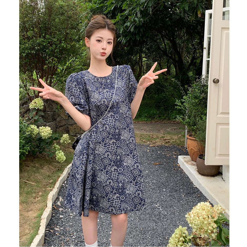 French Retro Floral Design Dress Women's Summer New Korean Version Small Bubble Sleeve A-shaped Dress
