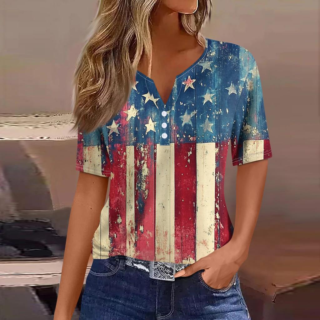 Damen-T-Shirt, T-Shirt, bedruckt, Knopfleiste, kurzärmelig, für den Alltag, Wochenende, modisch, Basic, V-Ausschnitt, normales Oberteil
