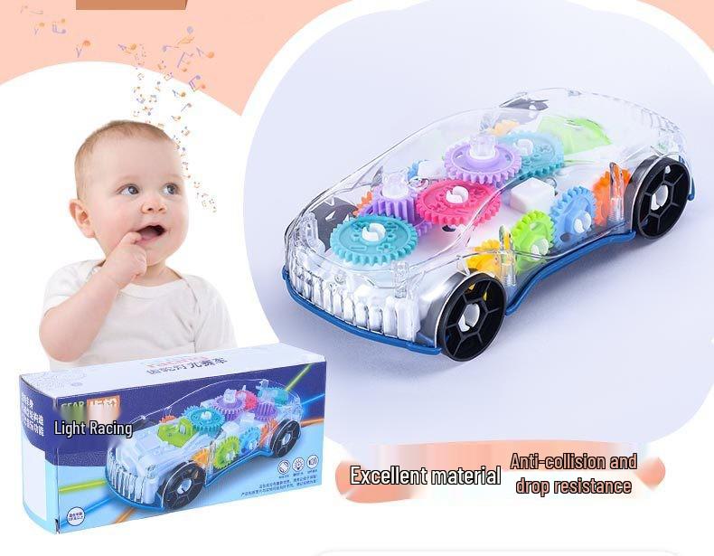 In Stock: Interactive Transparent Gear Racing Car – Omni-directional Walking, Lights, Music, Electric Toy for Children & Parents