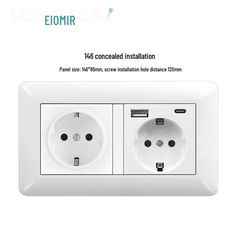 Curved White European Standard Socket Panel with Double USB & Type C, German Switch, Concealed Installation