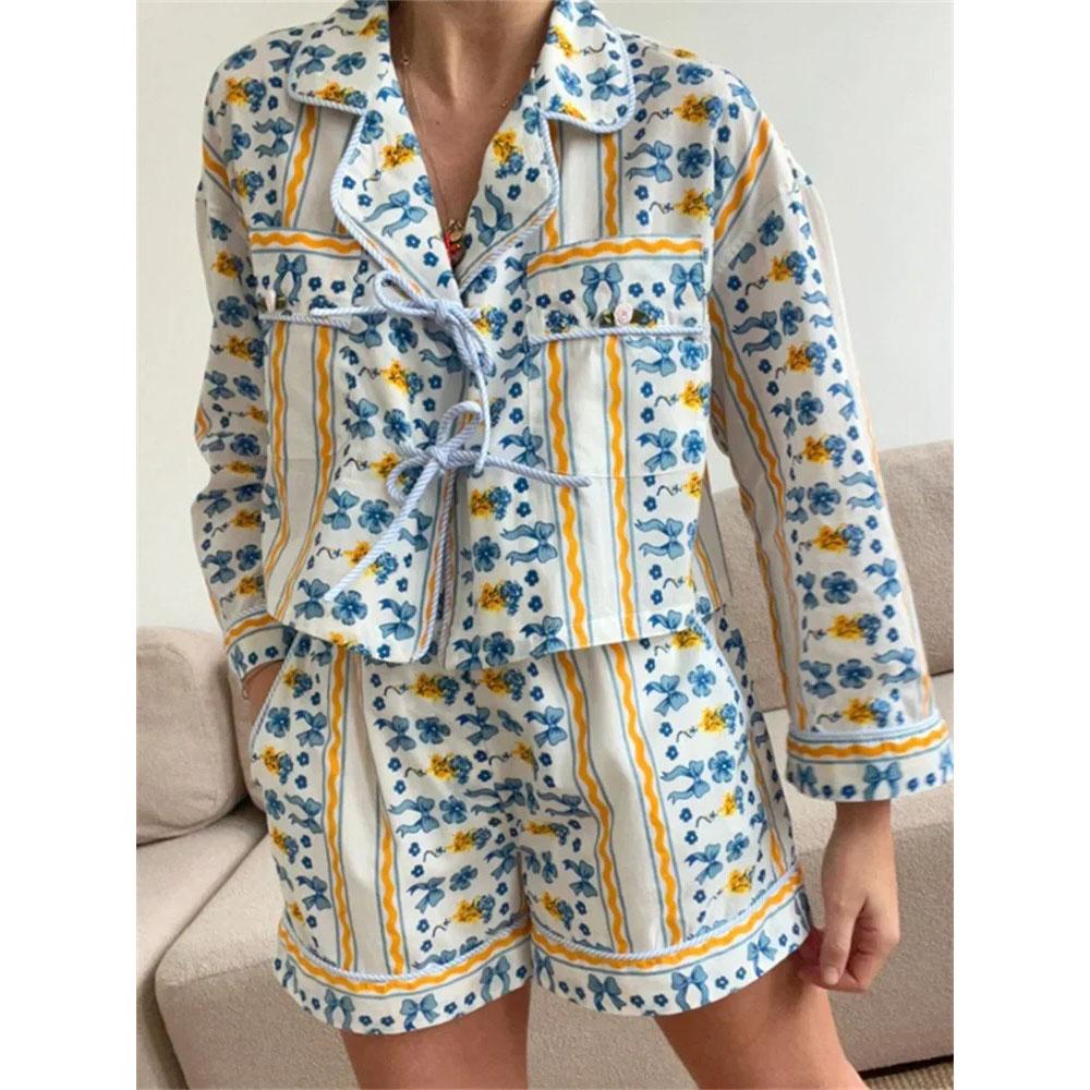 2-teilige kurze Sets Damen Floral-/Streifenmuster Langarm zum Binden Oberteile und Weitbein-Shorts Sets Sommer Herbst Streetwear