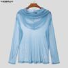INCERUN Men Long Sleeve Mesh Sheer Lace Glitter Casual Hooded Ruffled Tops T-shirts
