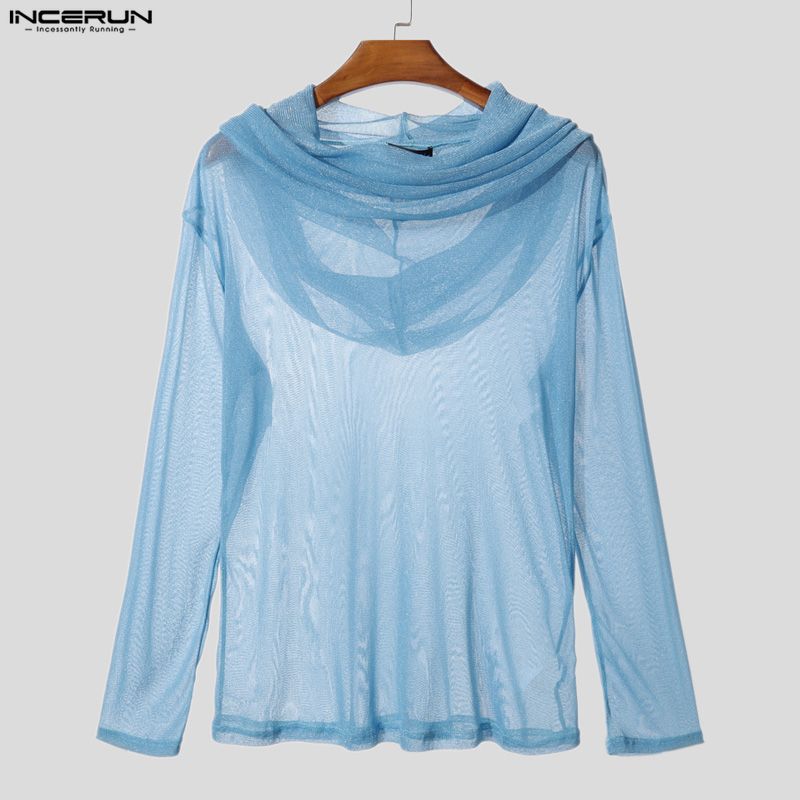 INCERUN Men Long Sleeve Mesh Sheer Lace Glitter Casual Hooded Ruffled Tops T-shirts