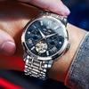 OLEVS Automatic Mechanical Skeleton Luxury Dress Watch Stainless Steel Diamond Men's Watch Blue