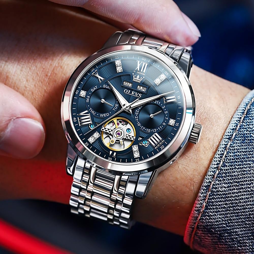 OLEVS Automatic Mechanical Skeleton Luxury Dress Watch Stainless Steel Diamond Men's Watch Blue