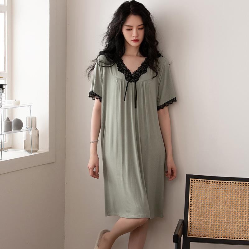 New nightgown women's summer thin modal short-sleeved pajamas solid color cool loungewear large size dress