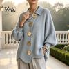Women Knit Cardigan Oversized Sweater, Collared Top with Large Metal Relaxed Fit Buttons, Loose Lantern Sleeve Casual Sweater for Spring Autumn Button