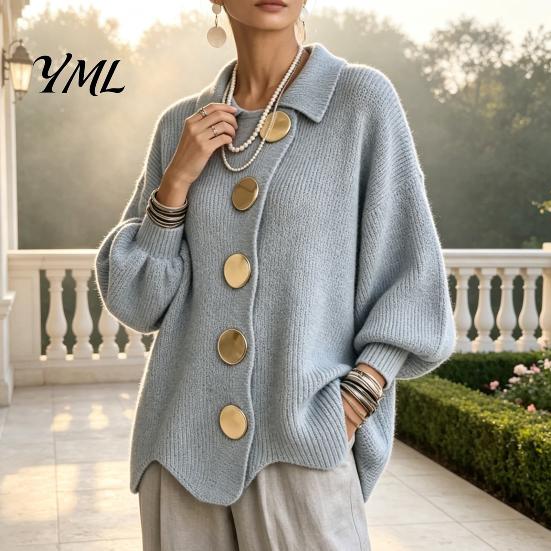Women Knit Cardigan Oversized Sweater, Collared Top with Large Metal Relaxed Fit Buttons, Loose Lantern Sleeve Casual Sweater for Spring Autumn Button