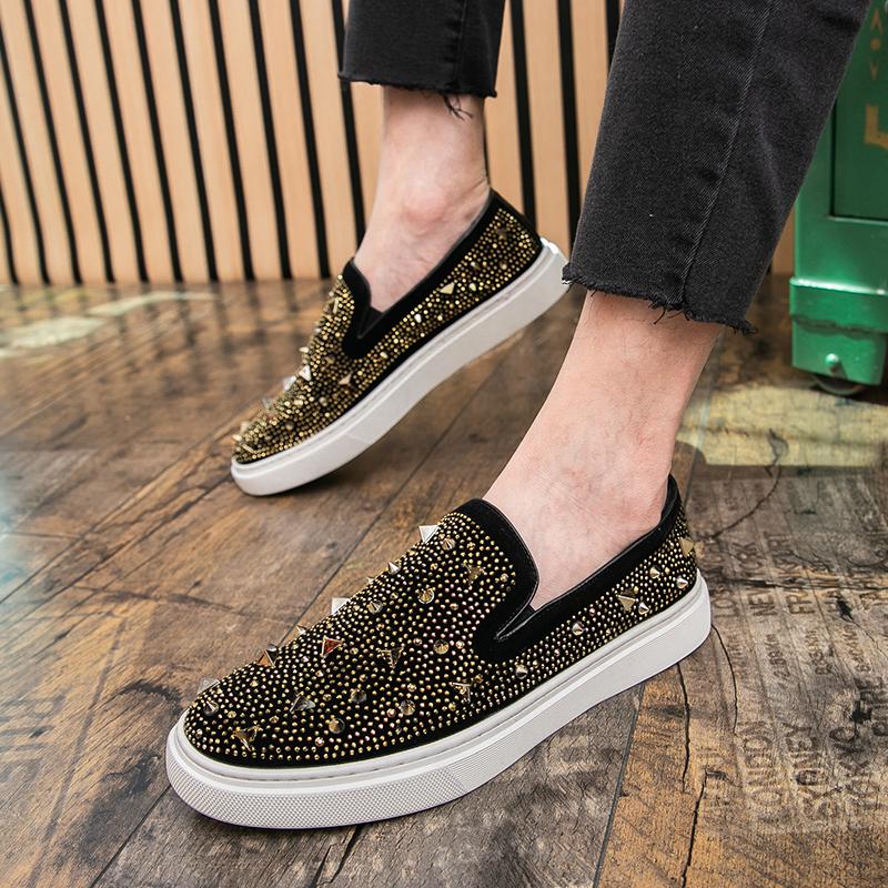 Fashion 2025 Men Tide Leather Casual Shoes Luxury Embroidery Twinkling Rhinestone Flat Shoes Leisure Sneakers Loafers Zapatillas Male