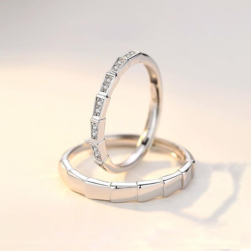 Copper Zirconium Bamboo Inlaid Ring Set - Fashionable, Simple, Light Luxury Sweetheart Couple Rings.