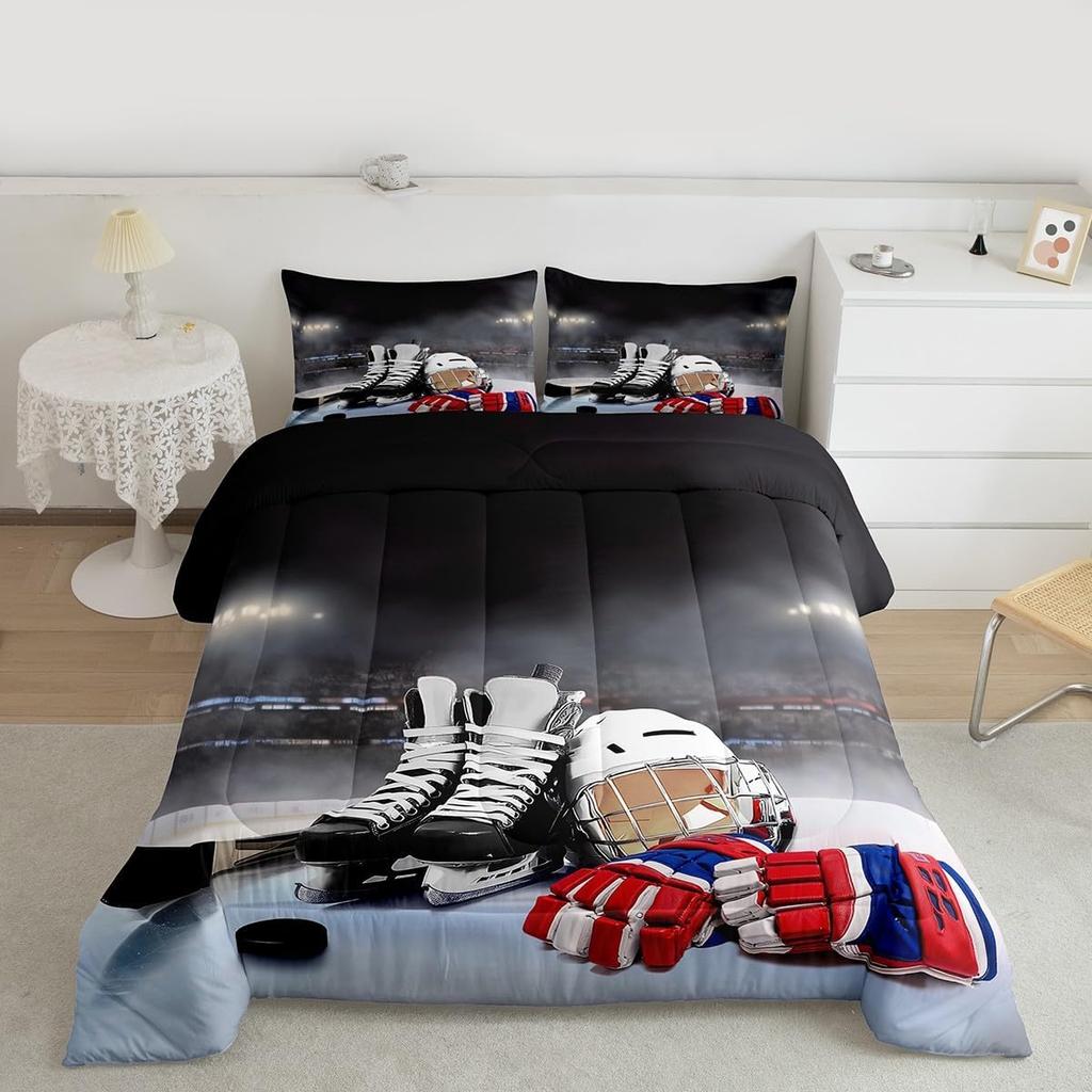 Erosebridal Ice Hockey Comforter Set Twin, Hockey Player Down Comforter for Kids Boys Girls Teens Juvenile, Sports Game Duvet Set, Soft Wint