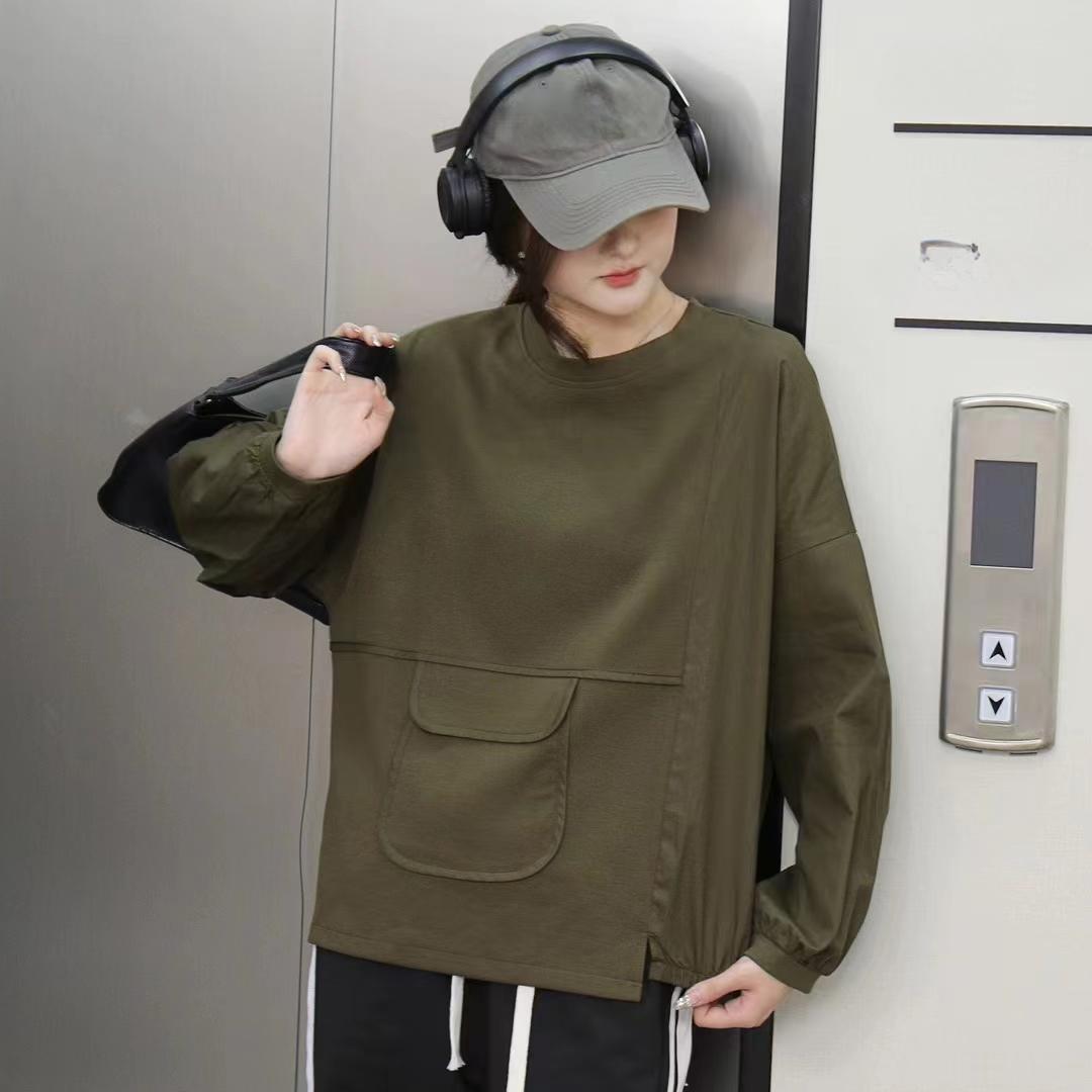 

DIMANAF 2024 Осень Однотонная Эластичная Футболка Женская Сплайсированная Печать Длинные Рукава Свободные Топы Футболки One size зелёный