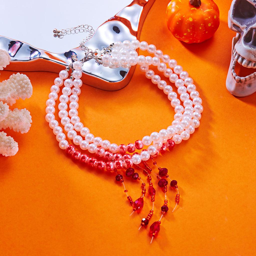 Halloween Blood Drop Pearl Necklace With Handcrafted Geometric Design For Women