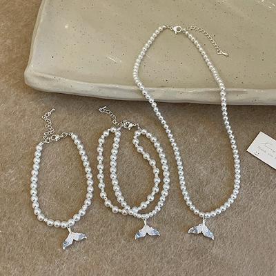 Pearl Crystal Fishtail Pendant Necklace Bracelet Women'S High Sense Elegant Personality Fashion Versatile Neck Chain Collarbone Chain