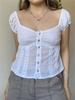 Short Puff Sleeve Lady T-Shirt Square Collar Skinny Crop Top Summer OL Tees All Match Button Vintage Women's Lace Clothe