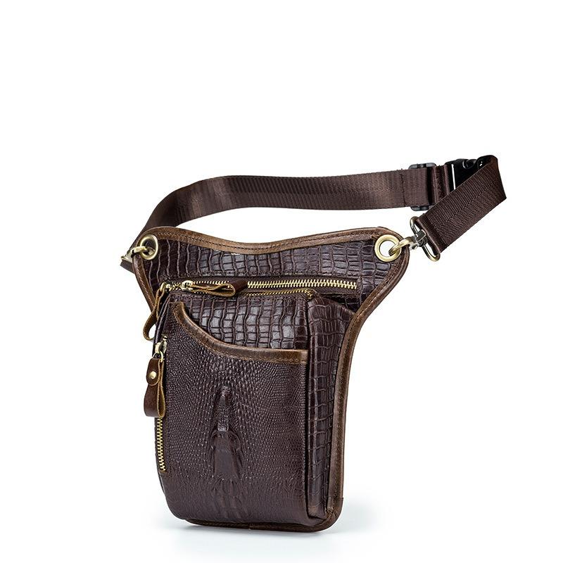 Men Vintage Crocodile Grain Top Grain Genuine Leather Motorcycle Thigh Leg Bag Multifunctional Waist Hip Fanny Pack For Riding