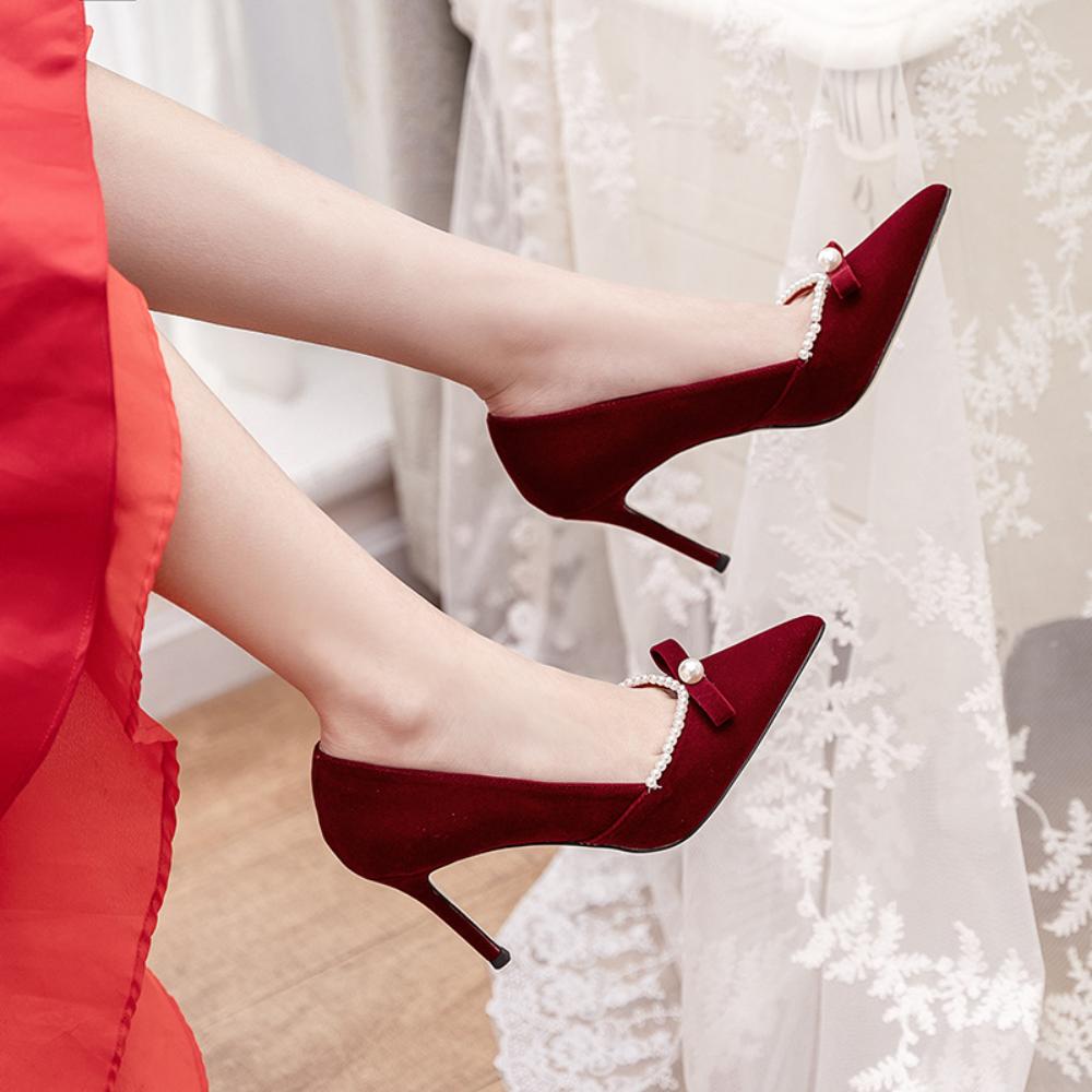 Wedding Shoes Women's White Satin Bow Pearl Bridesmaid Shoes Wine Red Bridal Shoes Women Heels Pumps