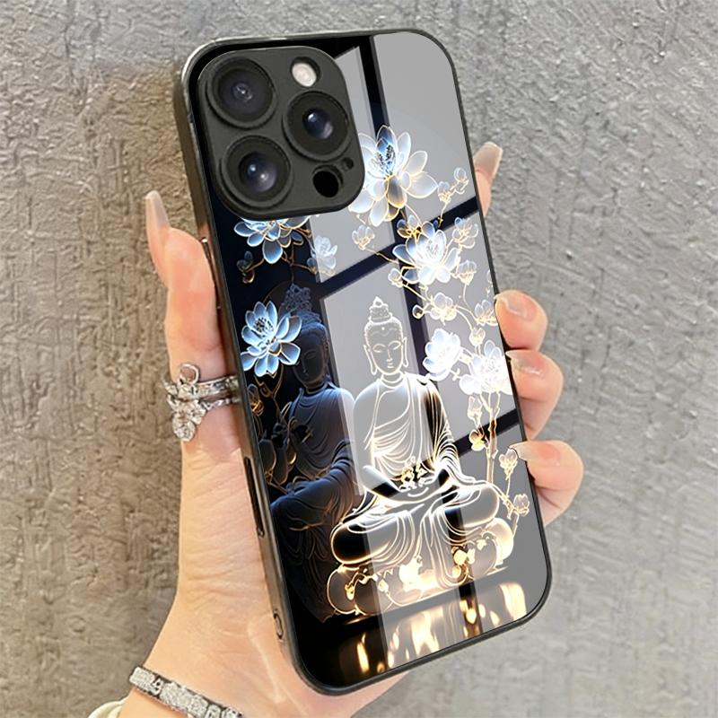 Lotus Creative Buddha Statue Tempered Glass Phone Case For iPhone 17 13 12 11 Pro Max 16 15 14 Plus 16E 17Air X XR XS 7 8 Cover