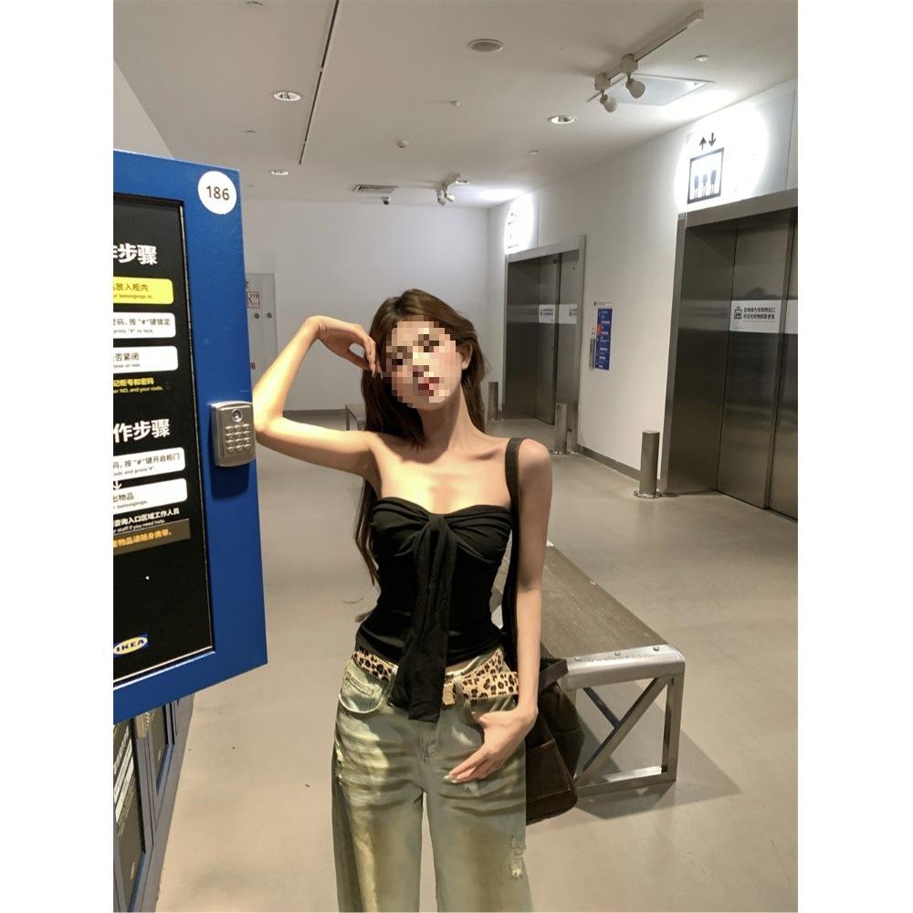 [Human Cotton] Spice Girl Bow Strap-on Tube Top, Women's Pure Desire Style Red Slim-fitting Short Top