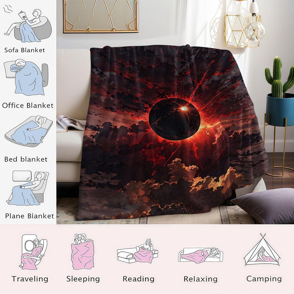 Eclipse In Red Sky Flannel Blanket Warm Soft Halloween Christmas Couch Warm Cozy Decorative Decor Gift for All Season