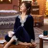 Autumn and winter women's golden velvet pajamas long-sleeved Korean version thin pullover lace coral velvet loungewear set large size