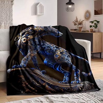 1pc Blue Leopard Blanket, Lightweight Flannel Fleece with Digital Printing, Soft Warm for Sofa, Travel, Camping, Office, Couch, Chair, and Bed, All-Se