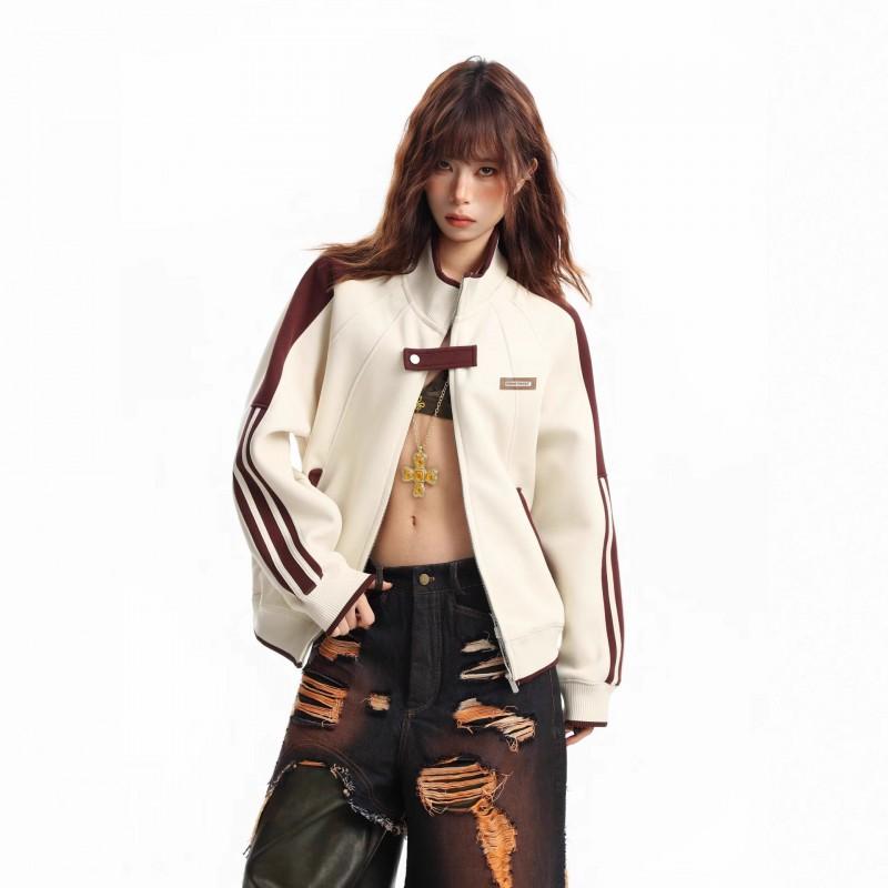 Womens Oversized Zip-Up Stand Collar Jacket With Color Block Design Streetwear Coat Fall Winter