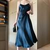 Damen-Abendkleid, tief ausgeschnitten, V-Ausschnitt, einfarbig, Spaghettiträger, rückenfrei, ärmellos, Satin, Hochzeit, Party, Midikleid, Damenbekleidung
