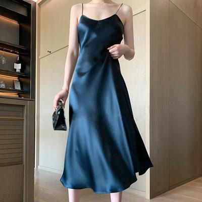 Women Evening Dress Low Cut V Neck Solid Color Spaghetti Strap Backless Dress-up Sleeveless Satin Wedding Party Midi Dress Lady Clothing