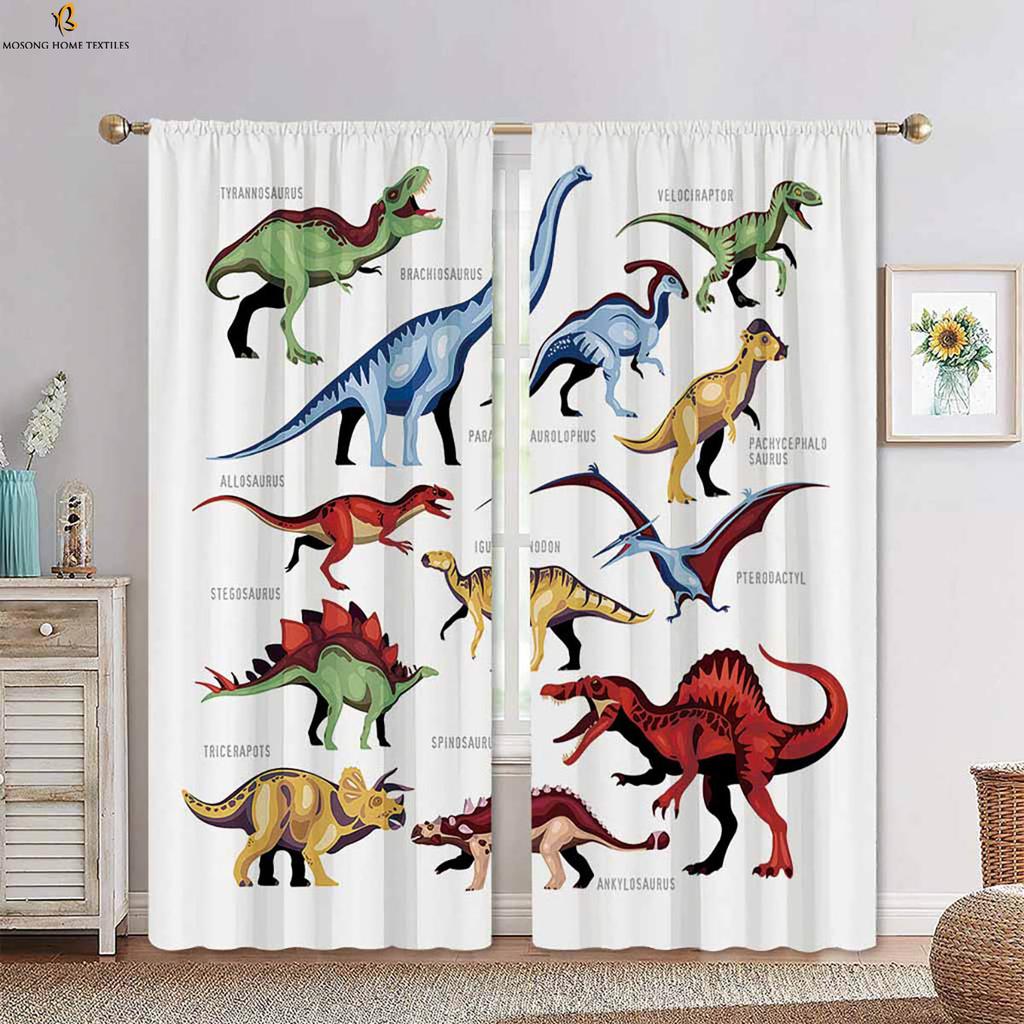 Set Of 2 Cute Cartoon Animal Dinosaur Print Curtains Bedroom Living Room Kitchen Kids Decorative Curtain With Rod Pocket Polyester Perfect For Sitting