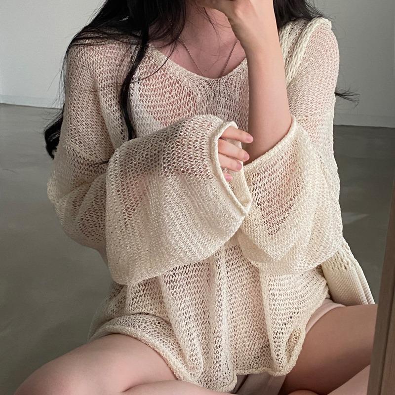 Spring Summer Long Sleeved Knitted Sunscreen Shirt See Through Retro Casual Simple Loose Hollow Out Thin Blouse V Neck Solid Color Top Clothing