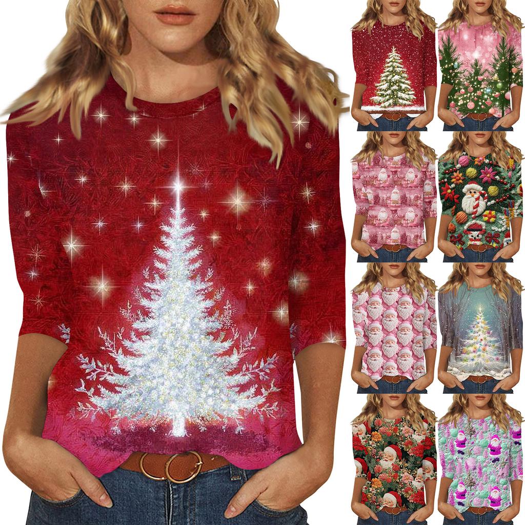 Women's Fashionable Casual Three Quarter Sleeve Christmas Printed Round Neck Top