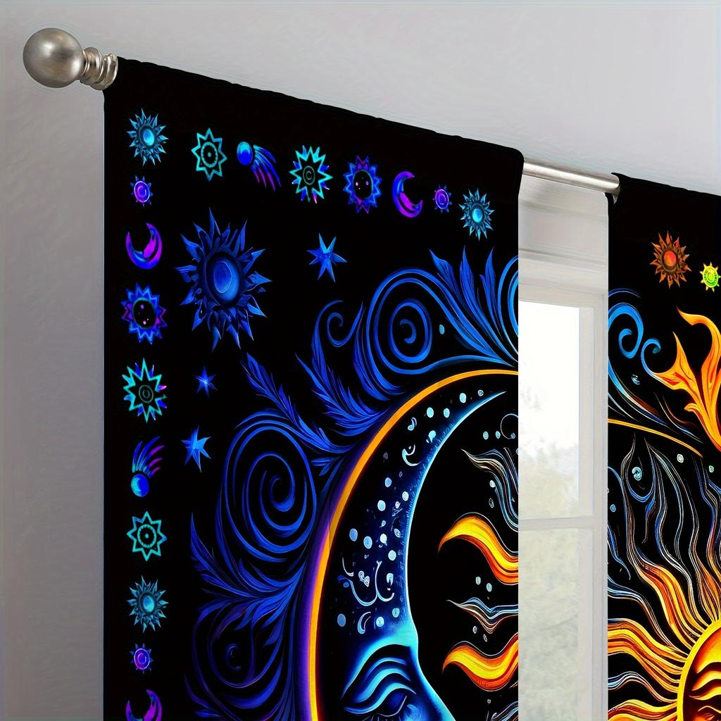 2 peças Cortinas abstratas com padrão de sol e lua, estilo fantasia, para casa, quarto, janela, sala de estar, escritório, guarda-sol