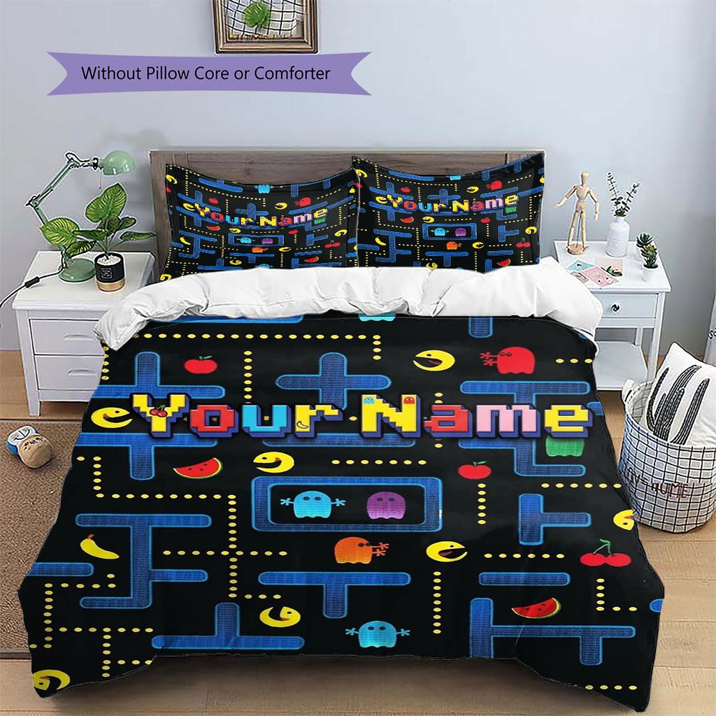 Pac-Man Custom Name Pattern Bedding,Quilt Set Quilt Cover Pillowcase Home Birthday Gift(1 * Duvet Cover + 2 * Pillowcase, Without Core)