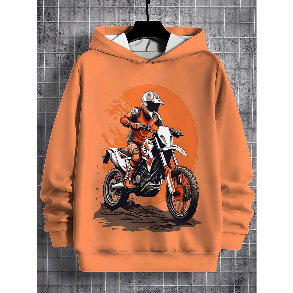 Boys' Orange Off road Motorcycle Rider Hoodie, Dynamic Printed Boys' Trendy Cool Casual Hoodie