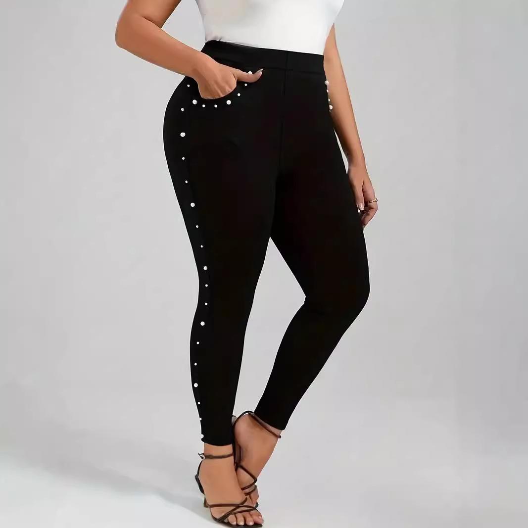 

Женские леггинсы больших размеров с однотонной отделкой из бисера, элегантные брюки с высокой талией 3XL